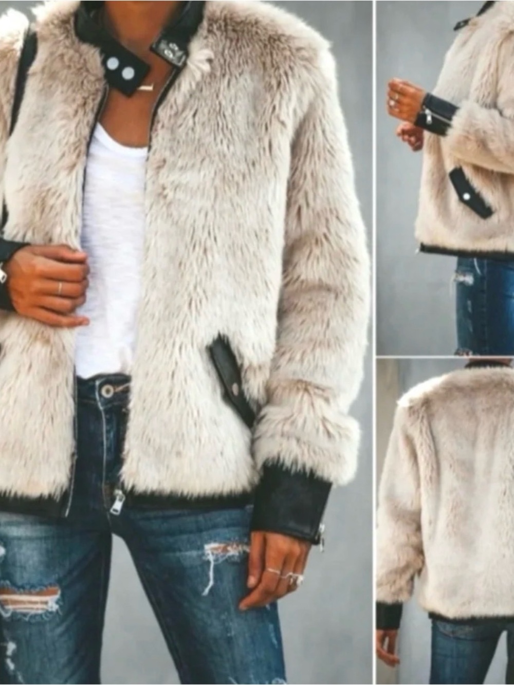 Women’s Cream Faux Fur Bomber Jacket with Black Trim